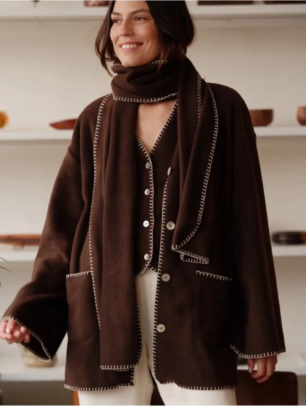 SOLD Donni Polar Fleece Brown Button-Front Contrast Stitch Cardigan XS - Picture 4 of 8